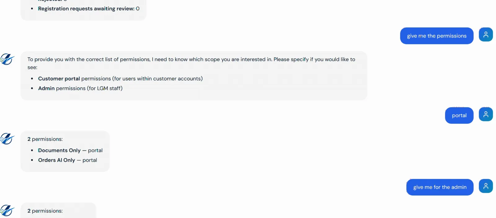 LGM Aviation admin AI assistant answering questions about portal and admin permissions